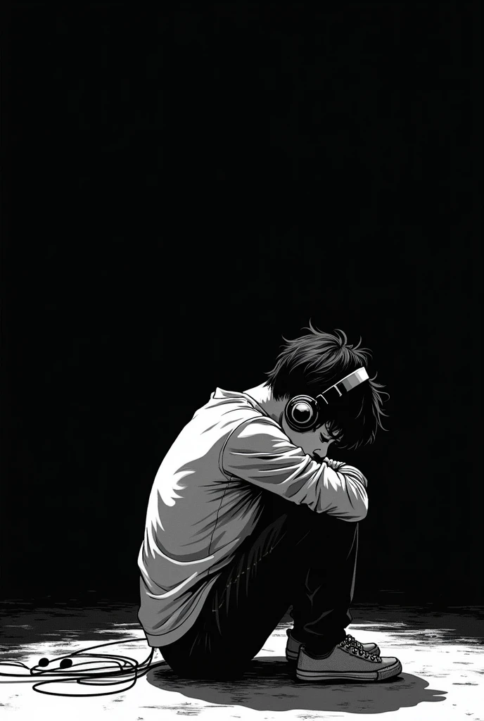 make a black and white manga art, about a lonely 19 year old boy, listening to rock music. with black background. And head down