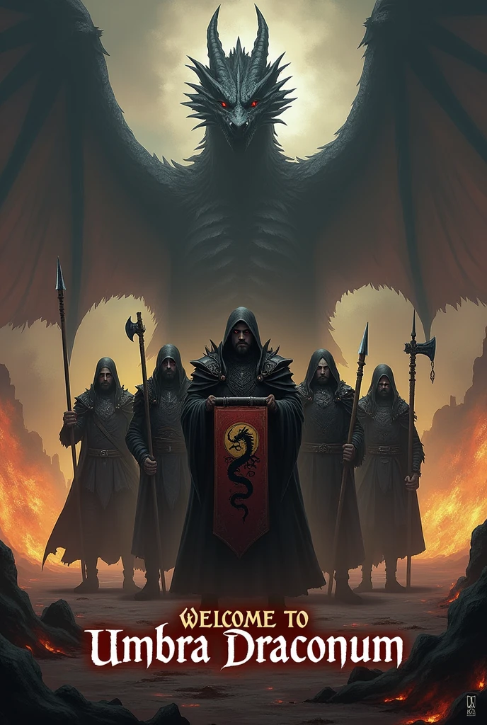 Create me an image with a dark and gloomy tone for a guild cover.
1. Place at the bottom of the image the following text "Welcome to Umbra Draconum". Centered text, first smaller the "Welcome to" and underneath larger and more imposing the text "Umbra Draconum".
2. Place 7 warriors in the style of World of Warcraft or Albion Online, wearing dark clothes and weapons such as axes, swords, ice and fire mage staffs, spears, bows and staffs.
3. The warrior in the center will hold a banner, with a dark yellow flag and a dark red v-shaped line in the middle, and in the center place the logo of a full black dragon.
4. Place in the background flames coming out from the ground in shades of yellow and red, keeping that dark tone.
5. From the bottom of everything should emerge the shadow of a very imposing oriental dragon, this dragon should be seen in its entirety above the banner and the 7 warriors.
Do not omit the text, it is very important.