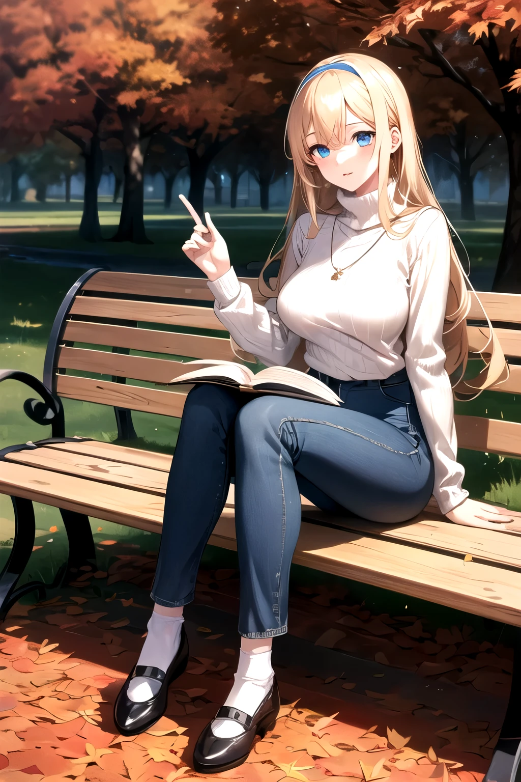 Highest quality、High resolution、8k、masterpiece、((アニメスタイル))、 
Vibrant colors、世界クラスのプロのアニメーター、 
（Beautiful Face、Beautiful Eyes、Beautiful Nose、Beautiful Lips)、 
Sharp Focus、Bright colors、Cinema Lighting、 A scene from a movie、Sparkling eyes、(Better Hands and Fingers)、

1 girl、bionde、Red Eye、Turn your eyes to the book、 
Straight Long Hair、Headband、clavicle、 necklace、
White turtleneck sweater、Blue Denim Jeans、 Mary Jane Shoes、Full Body Shot、 cute、アニメ、Sit on a bench、Park bench、autumn、 Trees、autumn leaves、Large Breasts、Dynamic Angle、reading、socks、