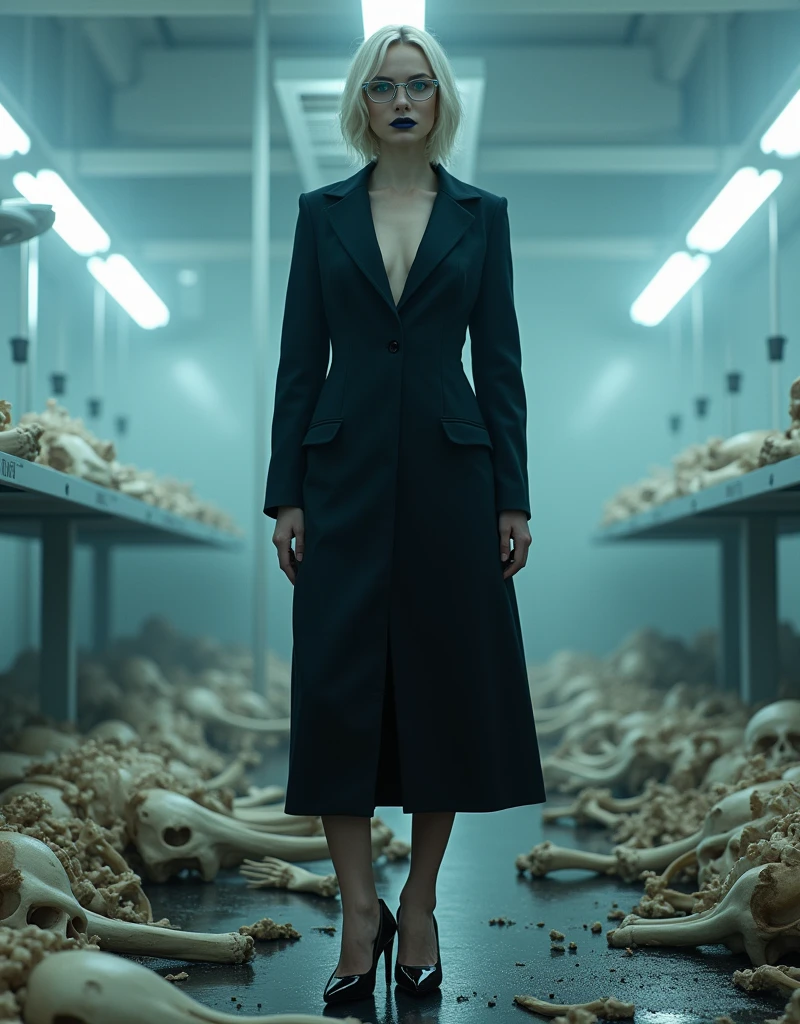 A cold, clinical laboratory setting bathed in stark, inorganic white LED light. A research facility's human laboratory, cluttered with piles of human bones, serves as a morbid backdrop. A statuesque woman stands tall, her black stiletto heels planted firmly among the skeletal remains. Her raven-haired beauty is contrasted by her stern expression, framed by sharp silver-rimmed glasses that seem to gleam with an icy intensity. The camera captures her piercing blue eyes, dark lips, and short, neat blonde hair as she surveys the gruesome experiment's results with a satisfied smirk.