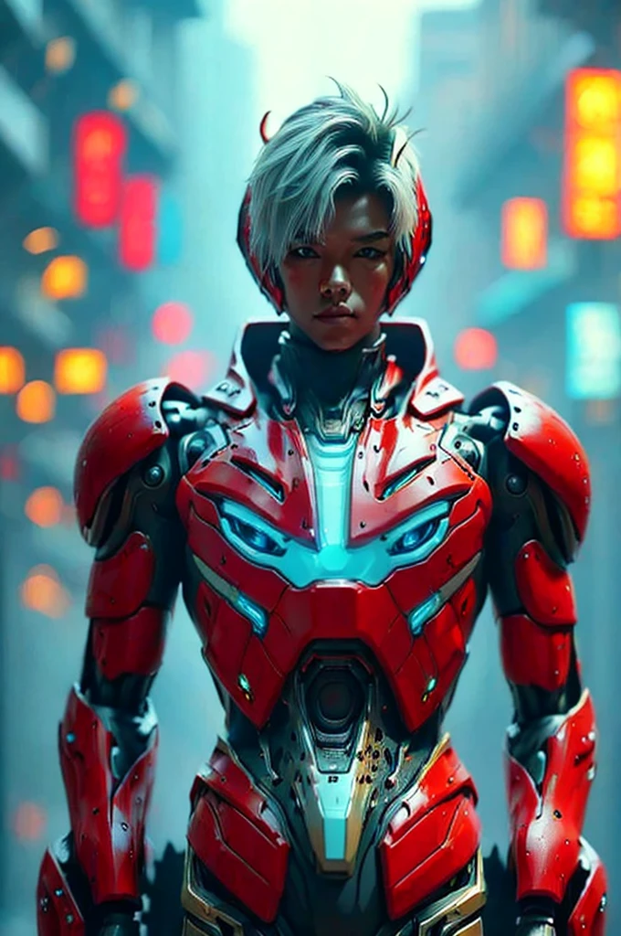 a highly detailed and intricate mecha robot, futuristic cyberpunk style, glowing neon lights, cinematic composition, 8k, hyperrealistic, intricate mechanical details, advanced technology, complex machinery, gleaming metallic surfaces, dynamic pose, dramatic lighting, vibrant color palette, moody atmosphere, cinematic framing, photorealistic, intricate gears and components, advanced futuristic technology, masterpiece