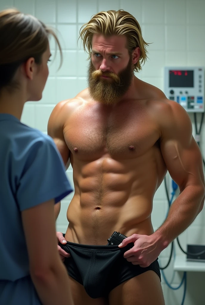 Strong, hairy, bearded blond young man in black swim trunks, taking off his underwear in front of a female doctor, with a pistol in his waistband.