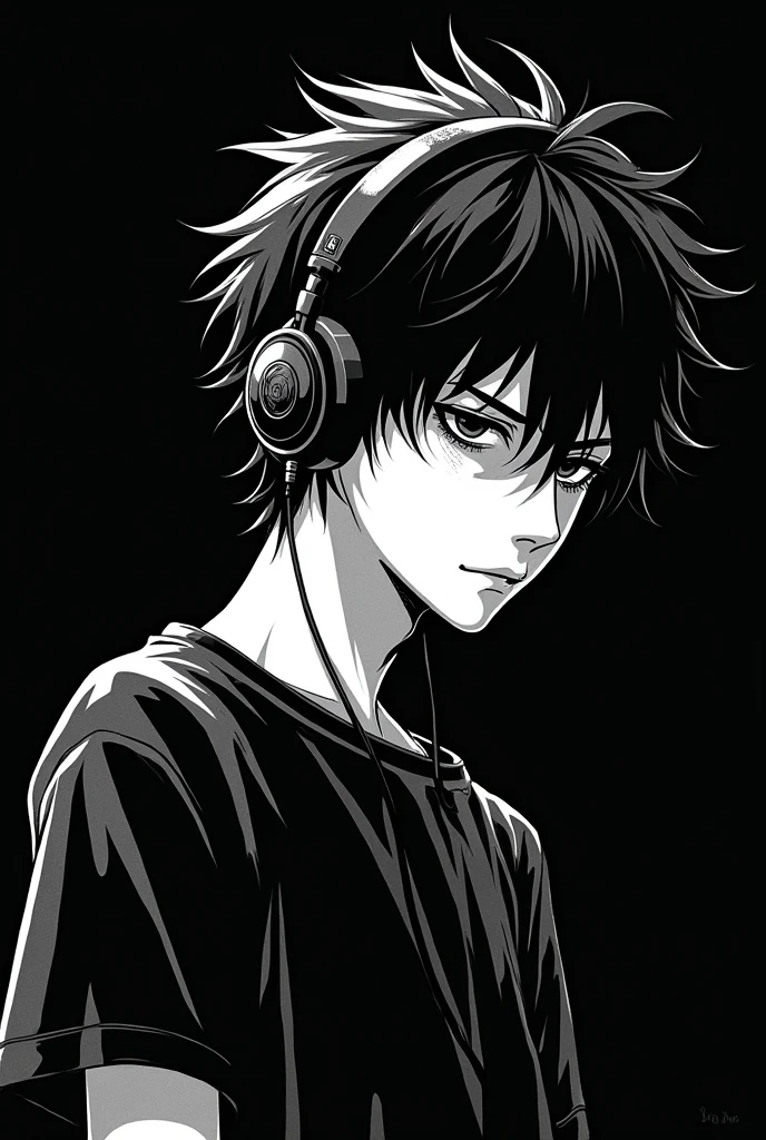 make a black and white manga art, about a lonely 19 year old boy, listening to rock music. With black background