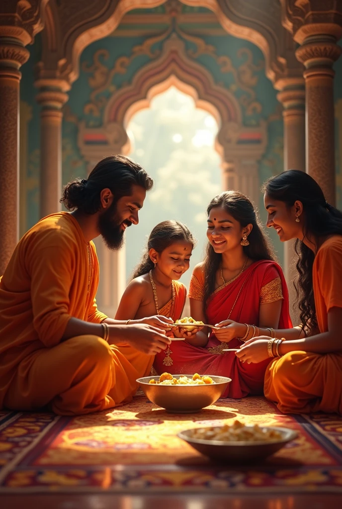 The family partakes of a Hindu temple prasadam together, expressions of satisfaction and pride on their faces.