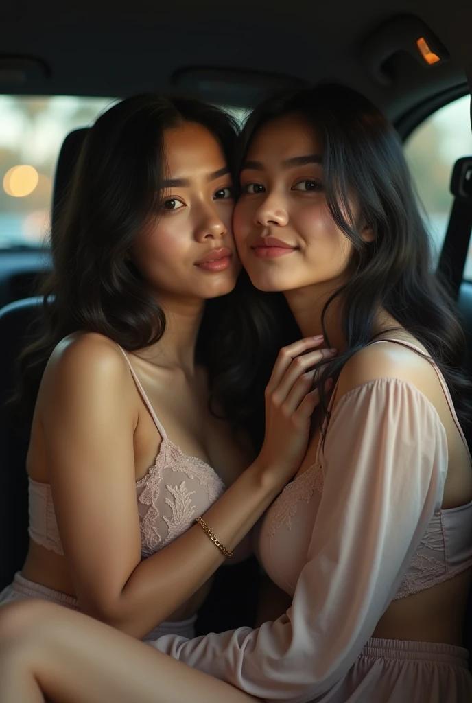 Photorealistic, two beautiful young women, Japanese, long hair, smiling happily, wearing black lace bra, wearing black lace panties, wearing black thigh highs, sitting in a car, at night