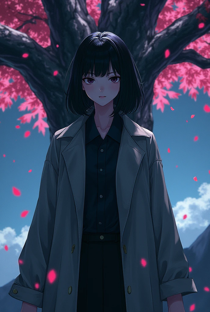(Best quality, artwork),(1 girl, Shrine maiden, Trench coat, Expression face, The eyes are black, Look straight ahead ,black hair, go, trunk), (Lost Night Sky, There is a huge old tree behind, Bright pink petals are falling behind me, The shelter behind, Bottom of the mountain, Windy, Meteor Cloud)
