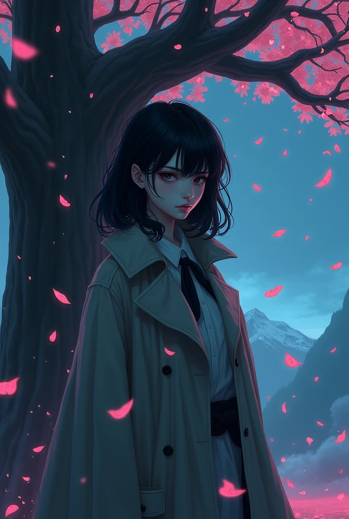 (Best quality, artwork),(1 girl, Shrine maiden, Trench coat, Expression face, The eyes are black, Look straight ahead ,black hair, go, trunk), (Lost Night Sky, There is a huge old tree behind, Bright pink petals are falling behind me, The shelter behind, Bottom of the mountain, Windy, Meteor Cloud)