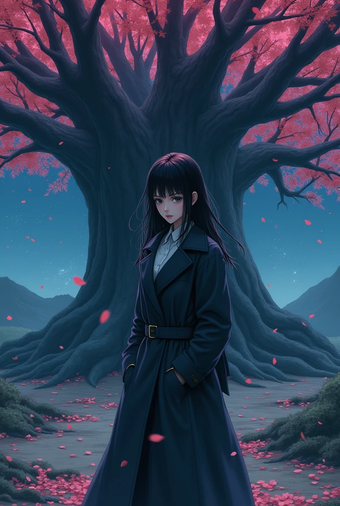 (Best quality, artwork),(1 girl, Shrine maiden, Trench coat, Expression face, The eyes are black, Look straight ahead ,black hair, go, trunk), (Lost Night Sky, There is a huge old tree behind, Bright pink petals are falling behind me, The shelter behind, Bottom of the mountain, Windy, Meteor Cloud)