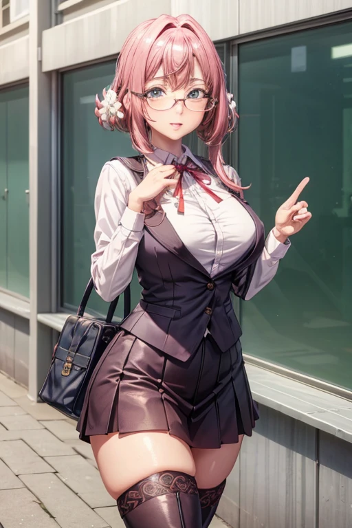 masterpiece, Beautiful art, professional artist, 8k, art style by sciamano240, Very detailed face, Detailed hair, detailed clothing, detailed fabric, 1 girl, perfectly drawn body, beautiful face, broad, Very detailed, wearing teacher clothes, thigh high boots, tube skirt, Glasses, looking angrily over Glasses, Sensual Lips , pink cheeks, School environment, detailed background, board , show details in the eyes.