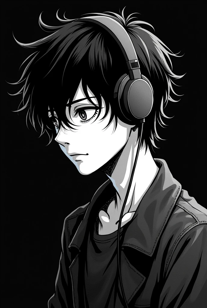 make a black and white manga art, about a lonely 19 year old boy, listening to rock music. with black background