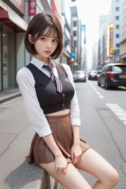 In 8K,Highest quality,The real picture,Intricate details,Ultra-high resolution,Depth Field,Masseter muscle area,Natural soft light,Professional Lighting,One Girl,(cute:1.2),Very beautiful 1,Detailed eyes,((Brown eyes)),(Brown Hair),(Short-haired),(Skin of the lawless zone of bangs,Glowing Skin,White skin,Fine skin,Big ample breasts,((Perfect Anatomy,Nice hands,Perfect hands,Five fingers connected to the palm,Accurate needles without discomfort)),Perfect bare legs,Delicate legs,Perfect Proportions,Sexy,I can see your chest,((Japan Uniform)),((Uniform Mini Skirt)),(tie),Black socks,Chano Leather Shoes,Lurking deep in the city,I can see your crotch,Show me your panties in the street,Both legs are bent,Legs are spread in an M shape,,I can see your pants,Slender thighs when viewed from the front