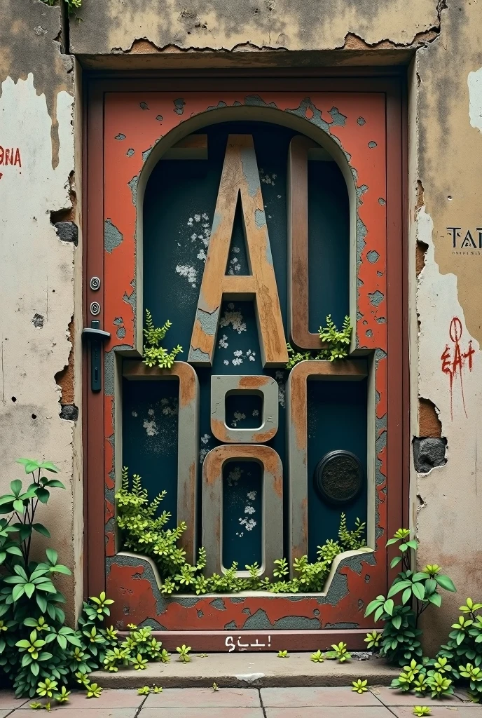 A poster on a deserted exterior wall, Cut into the shape of letters, (text:"Tadao") The word, Big Bold, Draw inside the cutout, BREAK Art that inspires creators to create images, An aesthetic world that unfolds behind the characters, Creating a sense of depth that draws you in, BREAK (Add text to the bottom of the screen, (text:"!"))