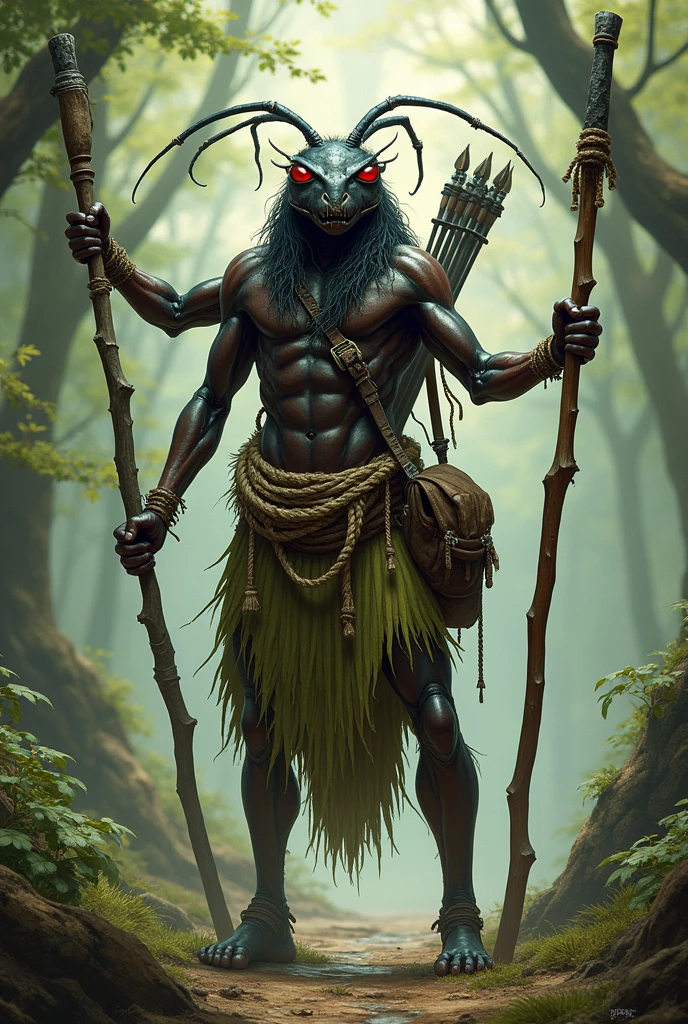 tricrine ant druid of DND, medium height with four hands, a staff behind his back, crossbow and arrows on waist, small shoulder bag, without armor, the grass skirt is held at the waist by ropes