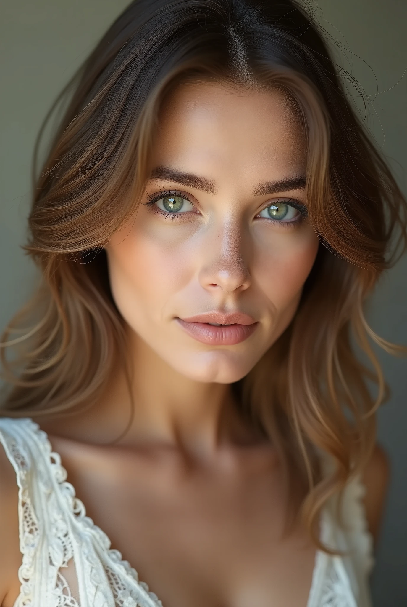 (photo realism 1.2) Beautiful, very realistic woman with fine features and a square jaw. Highly detailed green eyes and shoulder-length light brown hair.