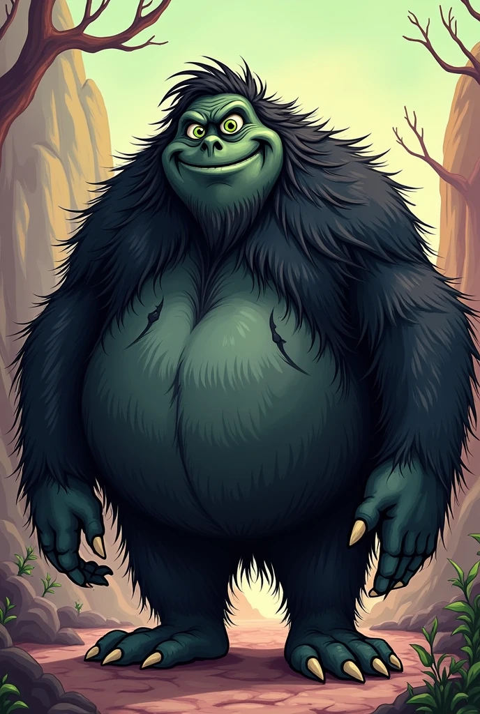Make a cartoon monster, he is , fat, long and black hair, black body and green eyes