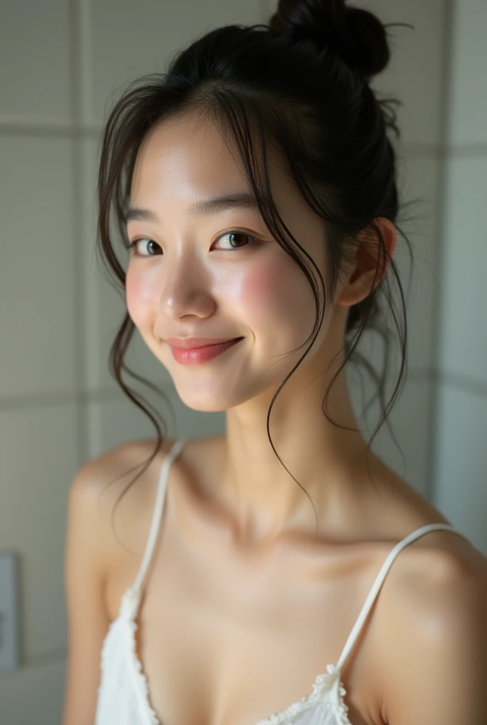 Highest quality, Chest Focus, Soft Light, Ultra-high resolution, (Realistic:1.4), RAW Photos, 1 Japanese woman, alone, cute, smile, (Brown eyes, Light in your eyes),(High resolution detail of human skin texture), Taking a shower、Completely naked、Small nipples