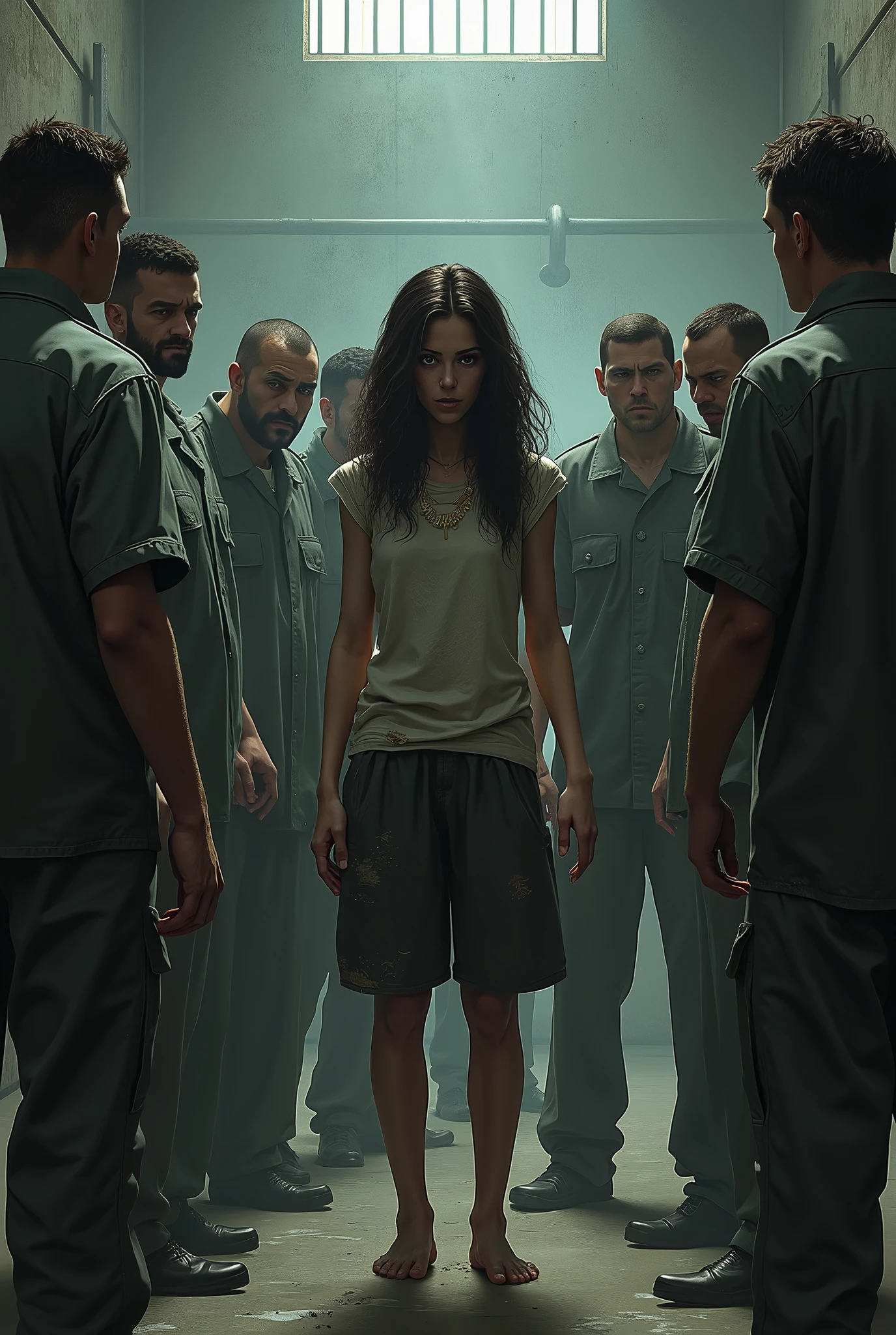 Girl in prison,BITCH,surrounded by men