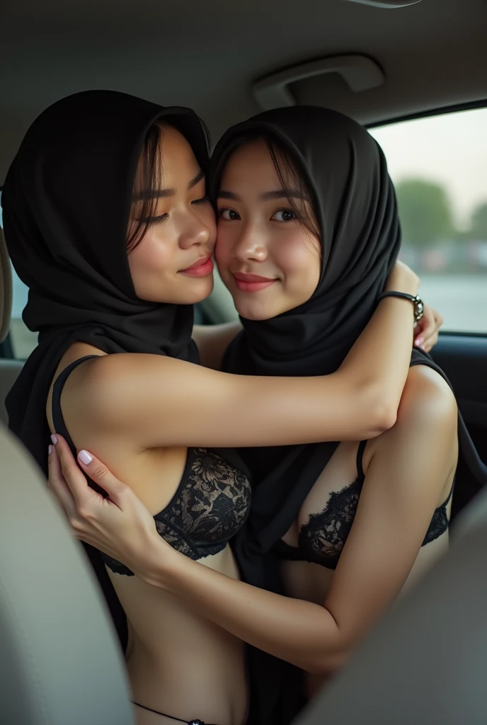 extreme close up of two beautiful teacher hijab indonesian lesbian girl laying down,bra and panties,hugging,french kiss,lesbian sex,,in a car,look to the viewer