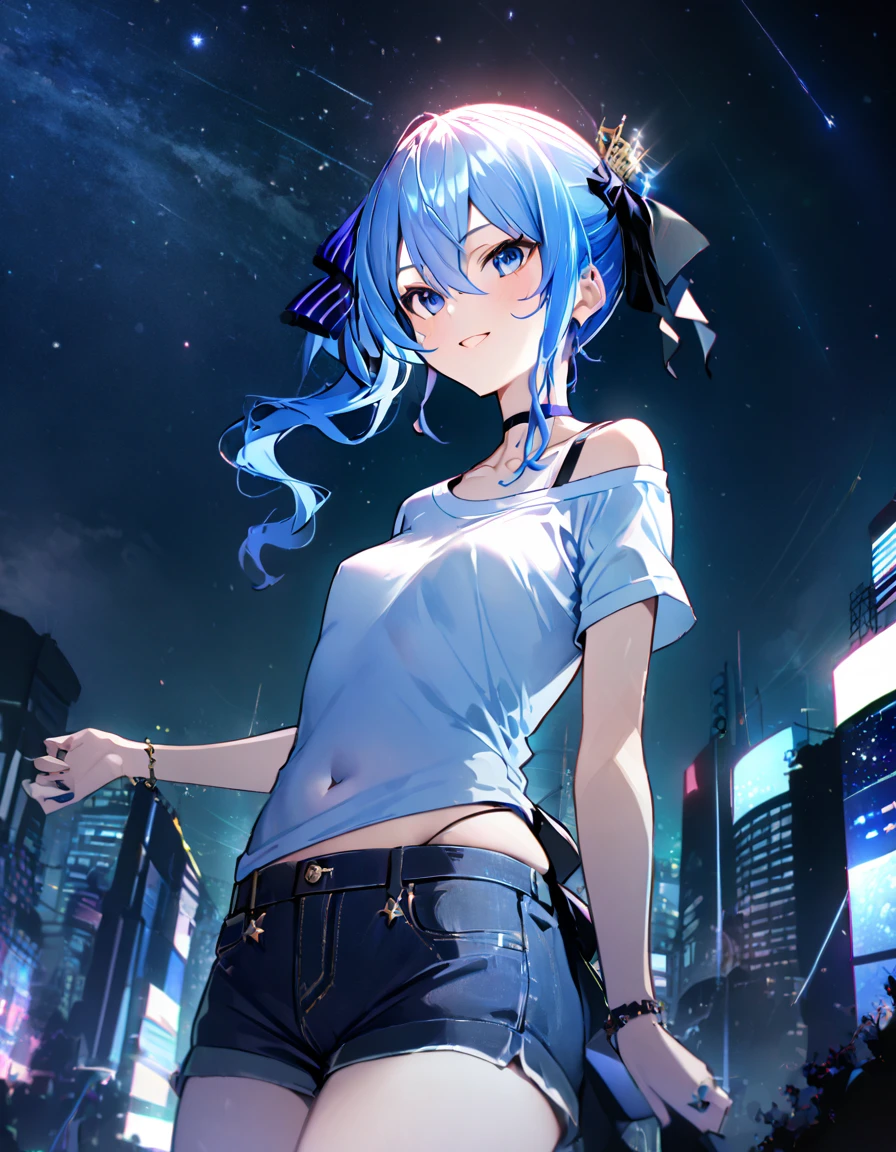 (8k、Best image quality、highest quality、masterpiece)、Detailed face、 1girl、Blue Hair、Long Hair、sideponytail、dark_blue_eyes、smile,(navel:0.8),Moderate_torso、small_breasts,((White T-shirt))、Off the shoulder、Black shoulder straps、(open_front_denim_short_shorts:1.2)、Cowboy Shot、Shoot from below、City Background, starry_sky_landscape ,hoshimachi suisei, slender,(covered_nipples:0.3), (belly button:1.2),nihil,solo,stargaze,girl_looking_up_sky,(abs:0.6)