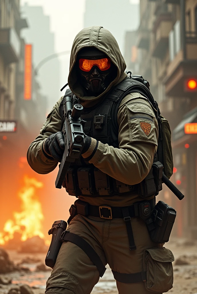 um homem alto de 2 metros de altura, loiro e olhos azuis, With a gas mask covering his entire face, wearing a military suit with black camouflage and in his hand with a tear gas grenade and in the background a protest is taking place;