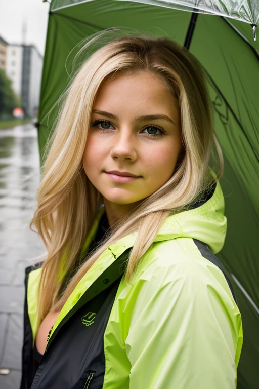 Medium view, of young aged, 16 year old, mom, gilf, milf, face portrait, chubby, long blond hair, styled hair, tight rain jacket, in berlin