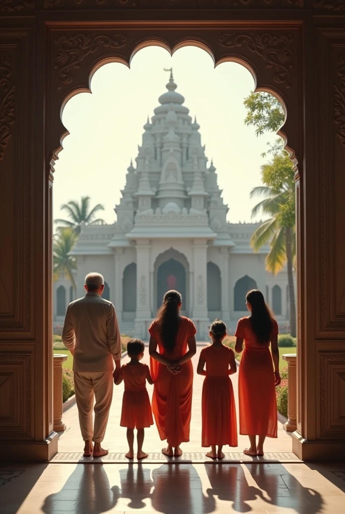 Family exits Hindu temple, folding hands in prayer. Footage fades and ends.