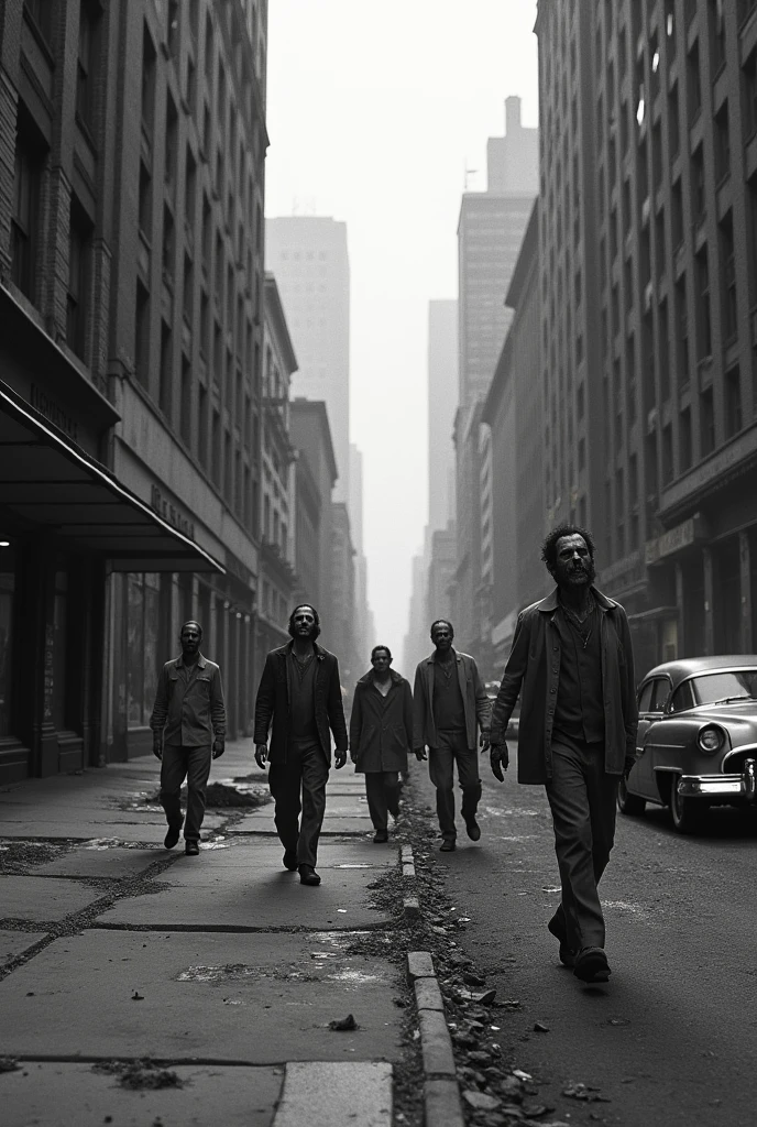 Capture the eerie and desolate essence of a zombie-infested New York City in the heart of the 1960s. Through evocative black-and-white photography, document the chilling urban decay and the grotesque yet hypnotic allure of the walking dead.
Roam the deserted streets, capturing the gritty atmosphere and the stark contrast between the vibrant city life of the past and the macabre present. Experiment with unique camera angles and compositions to convey the distorted reality of a zombie apocalypse. Juxtapose the living remnants of humanity, barricaded in boarded-up buildings, with the shambling hordes of the undead, whose eyes gleam with a lifeless hunger.

Allow the images to convey the devastation wrought by the zombie outbreak, from shattered storefronts to abandoned vehicles. Capture the unsettling beauty of the zombies' decaying bodies and contorted limbs, creating a haunting and unforgettable record of the city's transformation. Leverage the timeless quality of black-and-white to enhance the starkness and drama of the scenes. Incorporate vintage textures to evoke the aesthetic of vintage photojournalism, immersing the viewer in the era and location. Fujifilm colours