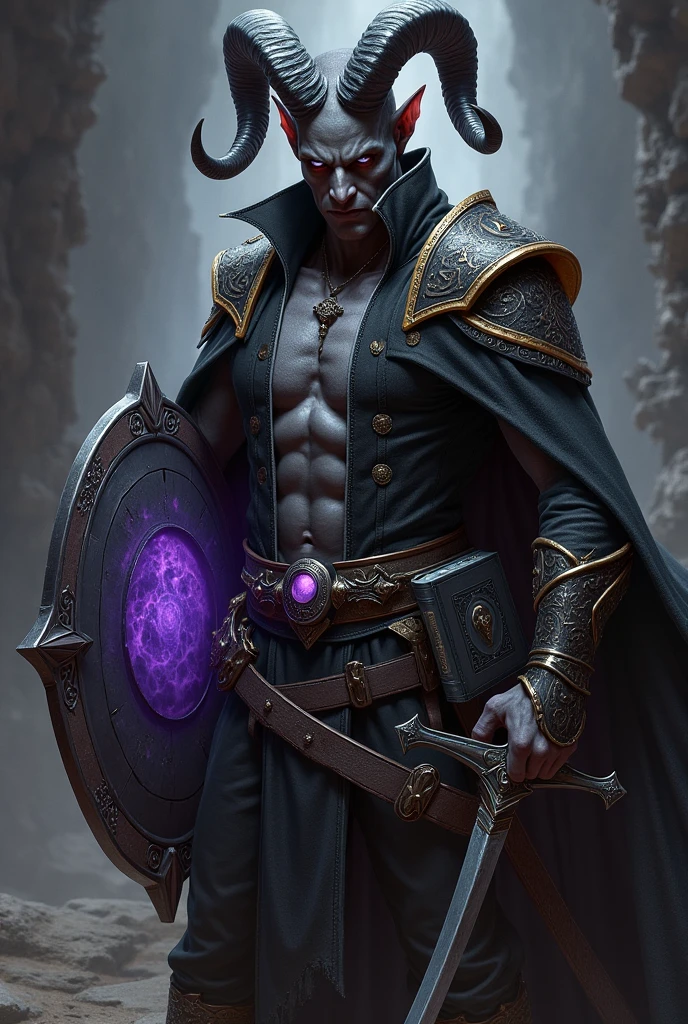 Tiefling male with very tightly-curled rams horns and charcoal-black skin. You can see his chest due to his dark-colored, button-less, sleeveless, gold-trimmed jacket and black trousers. He’s bracing to draw an intricately engraved, curved sword from a similarly designed scabbard on his hip. He also has a purple, glowing shield on his back and a book holster on his other hip carrying a black, malevolent tome.