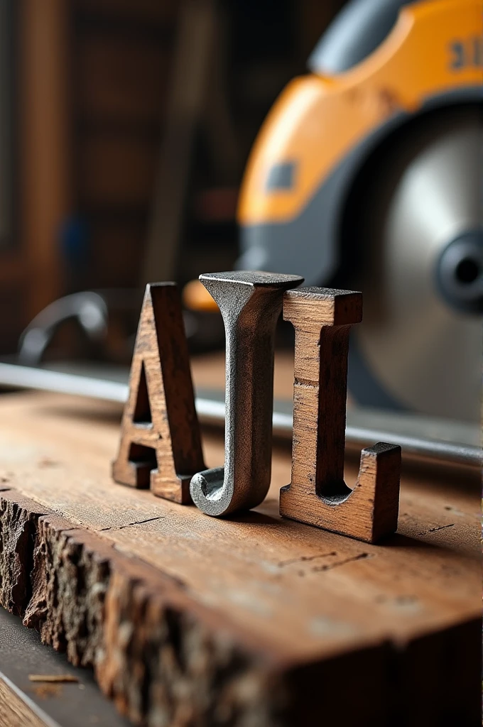 Wood and metal work business logo
The initials should be AJL on a wooden plank with the J looking like a bent nail and a circular saw in the back 