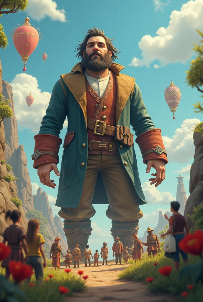 24-year-old Gulliver in a magical land
Big Gulliver is in the picture
Little people are around him
In the background, you can see lands floating in the air
3D style