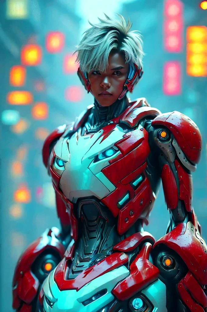 a highly detailed and intricate mecha robot, futuristic cyberpunk style, glowing neon lights, cinematic composition, 8k, hyperrealistic, intricate mechanical details, advanced technology, complex machinery, gleaming metallic surfaces, dynamic pose, dramatic lighting, vibrant color palette, moody atmosphere, cinematic framing, photorealistic, intricate gears and components, advanced futuristic technology, masterpiece