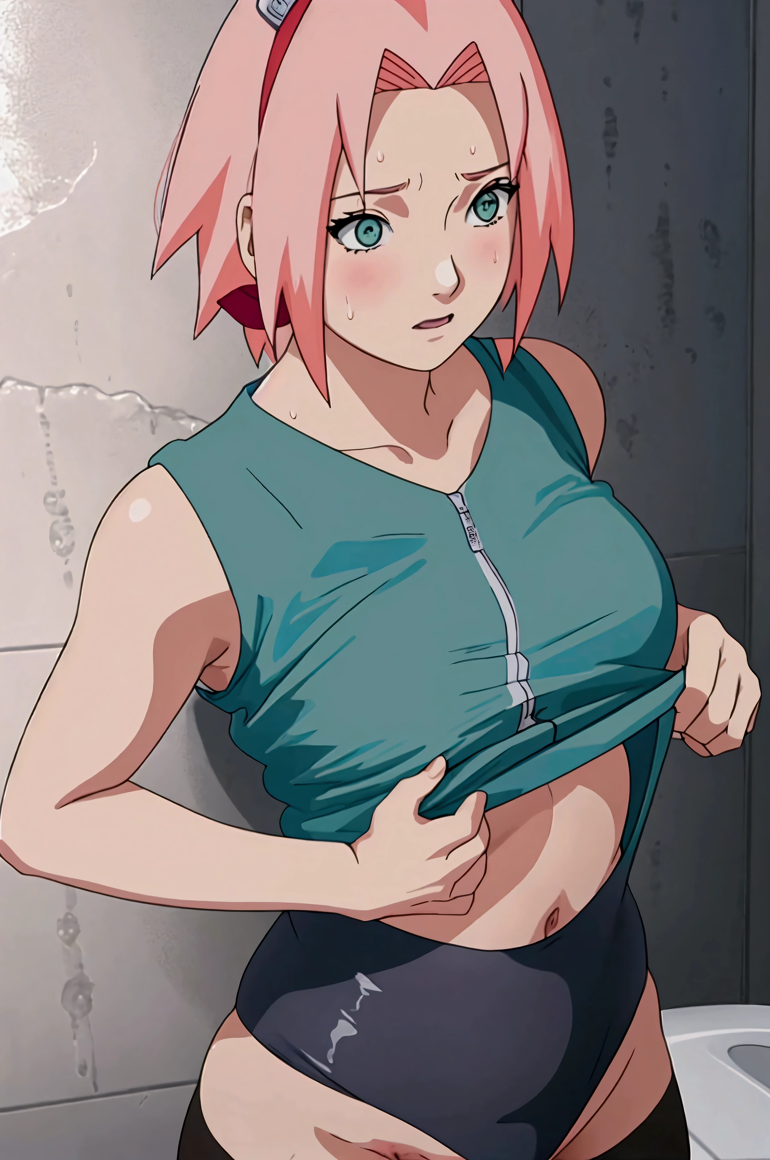 Make Sakura Haruno with a well-defined body, small breasts, green eyes and a large forehead. She is without a bra and t-shirt, wearing only very light baby blue short leggings, extremely tight and very short, highlighting every curve of her body. Also focus on the tight leggings and the highlight of Sakura's pussy. Make sure she is without a bra and t-shirt, she completely exposes her belly and clearly shows a slight belly, creating a natural curve without looking overweight. Her skin is very shiny with sweat, as if she has just finished an intense workout, with visible beads of sweat on her stomach, chest, forehead, and all over her chest. The scene takes place in a modern bathroom with clean, realistic tiles and fixtures. Make sure the character stands alone in the bathroom, in a sensual but relaxed pose, emphasizing the sweat on her body and upper body. Make sure the colors are represented accurately, as the lightest possible shade of baby blue will not overwhelm the other colors and will improve the overall quality of the image in terms of sharpness and detail.
