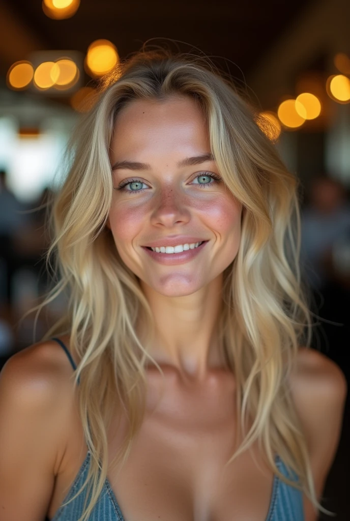 create an influencer,blonde hair,Scandinavian,light eyes,light brown skin, spotty, girl next door,Natural photo, spontaneous photo, 55 mm linse, Permissive,at home, Background also sharp,smiling, further away from the camera ,elegant posture, upscale bar