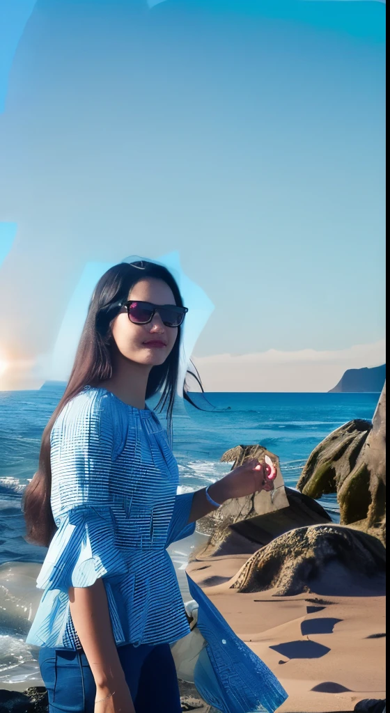 “Beneath the azure sky, she stood on weathered rocks, gazing out across the expanse of the sea. The sun kissed her skin, casting a warm glow, and her sunglasses shielded her eyes from the brilliant light. Waves danced in the background, their rhythmic melody soothing her soul. It was a moment frozen in time—a seaside serenity.”