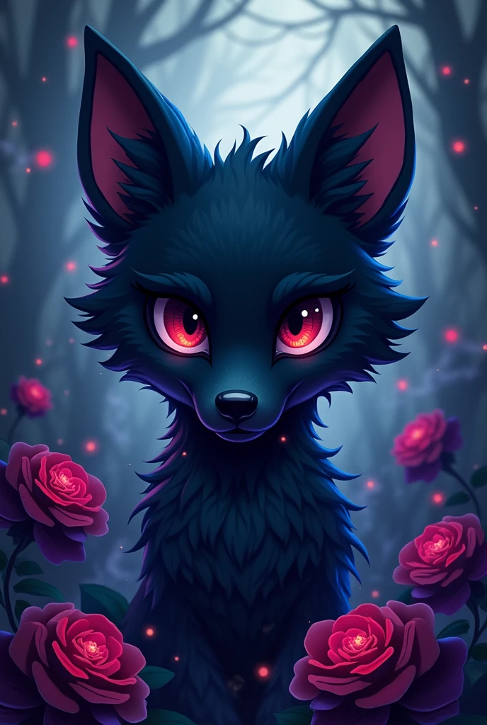 DARK Fox head,cartoon,mystical light, 
,light smoke,mystical,black roses with blue,purple,Red outlines