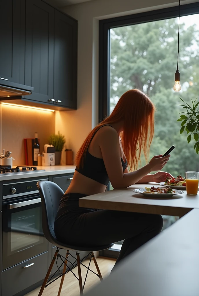 High-quality photograph of a сексуальная рыжуха на кухне, sits on a chair at the table and looks at the phone. back view. Blonde with a nice ass.