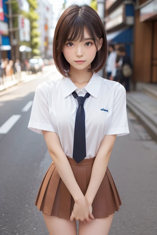 In 8K,Highest quality,The real picture,Intricate details,Ultra-high resolution,Depth Field,Masseter muscle area,Natural soft light,Professional Lighting,One Girl,(cute:1.2),Very beautiful 1,Detailed eyes,((Brown eyes)),(Brown Hair),(Short-haired),(Skin of the lawless zone of bangs,Glowing Skin,White skin,Fine skin,Big ample breasts,((Perfect Anatomy,Nice hands,Perfect hands,Five fingers connected to the palm,Accurate needles without discomfort)),Perfect bare legs,Delicate legs,Perfect Proportions,Sexy,I can see your chest,((Japan Uniform)),((Uniform Mini Skirt)),(tie),Black socks,Chano Leather Shoes,Lurking deep in the city,I can see your crotch,Show me your panties in the street,Both legs are bent,Legs are spread in an M shape,,I can see your pants,Slender thighs when viewed from the front