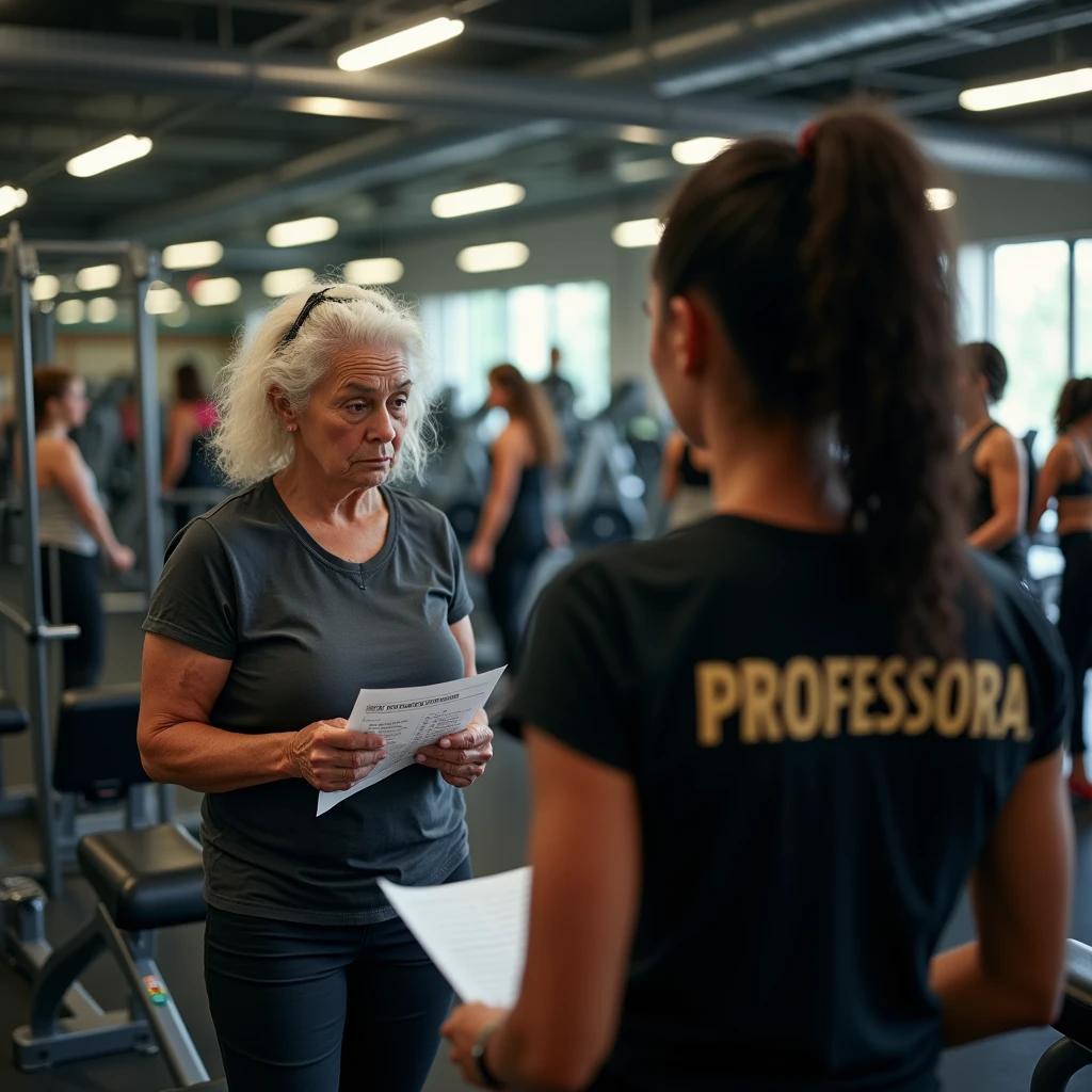 “Inside a bustling gym predominantly filled with women, the scene unfolds with various weight machines and exercise equipment in the background. In the foreground stands an elderly Brazilian woman, 6, holding a workout sheet in her hand. She looks visibly upset and uncertain, struggling to understand how to perform her exercises. Her gaze is fixed on the back of a much younger gym instructor, a 24-year-old Black woman wearing a black t-shirt with ‘PROFESSORA’ boldly written in uppercase letters. The instructor is completely furious, surrounded by three female students, each demanding her attention and assistance. Despite her best efforts, the instructor is overwhelmed and frustrated because her employers have failed to hire additional staff, leaving her overburdened. The entire scene is set in a weight training gym with high-quality exercise machines, catering mainly to women.

The image should be captured with ultra-realistic quality using a Canon EOS R5 camera paired with an RF 50mm f/1.2L lens, renowned for its sharpness and depth of field. The lighting should be enhanced using a PolarPro QuartzLine ND filter for smooth contrast and balanced exposure. To achieve a warm, natural look, employ a Tiffen Glimmerglass filter, softening the harshness of the scene while maintaining detail. The final image should be meticulously detailed, capturing the intense emotions of the elderly woman, the overwhelmed instructor, and the demanding students.”