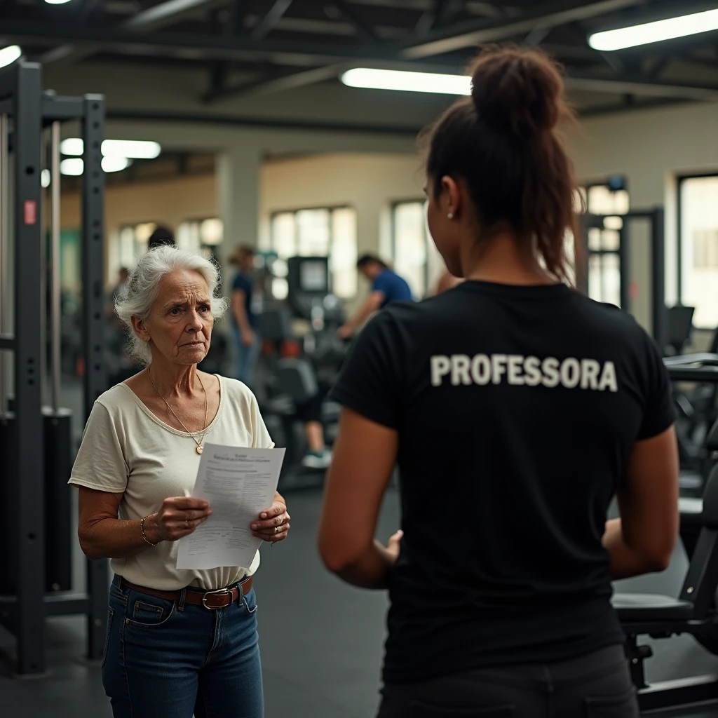 “Inside a bustling gym predominantly filled with women, the scene unfolds with various weight machines and exercise equipment in the background. In the foreground stands an elderly Brazilian woman, 6, holding a workout sheet in her hand. She looks visibly upset and uncertain, struggling to understand how to perform her exercises. Her gaze is fixed on the back of a much younger gym instructor, a 24-year-old Black woman wearing a black t-shirt with ‘PROFESSORA’ boldly written in uppercase letters. The instructor is completely furious, surrounded by three female students, each demanding her attention and assistance. Despite her best efforts, the instructor is overwhelmed and frustrated because her employers have failed to hire additional staff, leaving her overburdened. The entire scene is set in a weight training gym with high-quality exercise machines, catering mainly to women.

The image should be captured with ultra-realistic quality using a Canon EOS R5 camera paired with an RF 50mm f/1.2L lens, renowned for its sharpness and depth of field. The lighting should be enhanced using a PolarPro QuartzLine ND filter for smooth contrast and balanced exposure. To achieve a warm, natural look, employ a Tiffen Glimmerglass filter, softening the harshness of the scene while maintaining detail. The final image should be meticulously detailed, capturing the intense emotions of the elderly woman, the overwhelmed instructor, and the demanding students.”