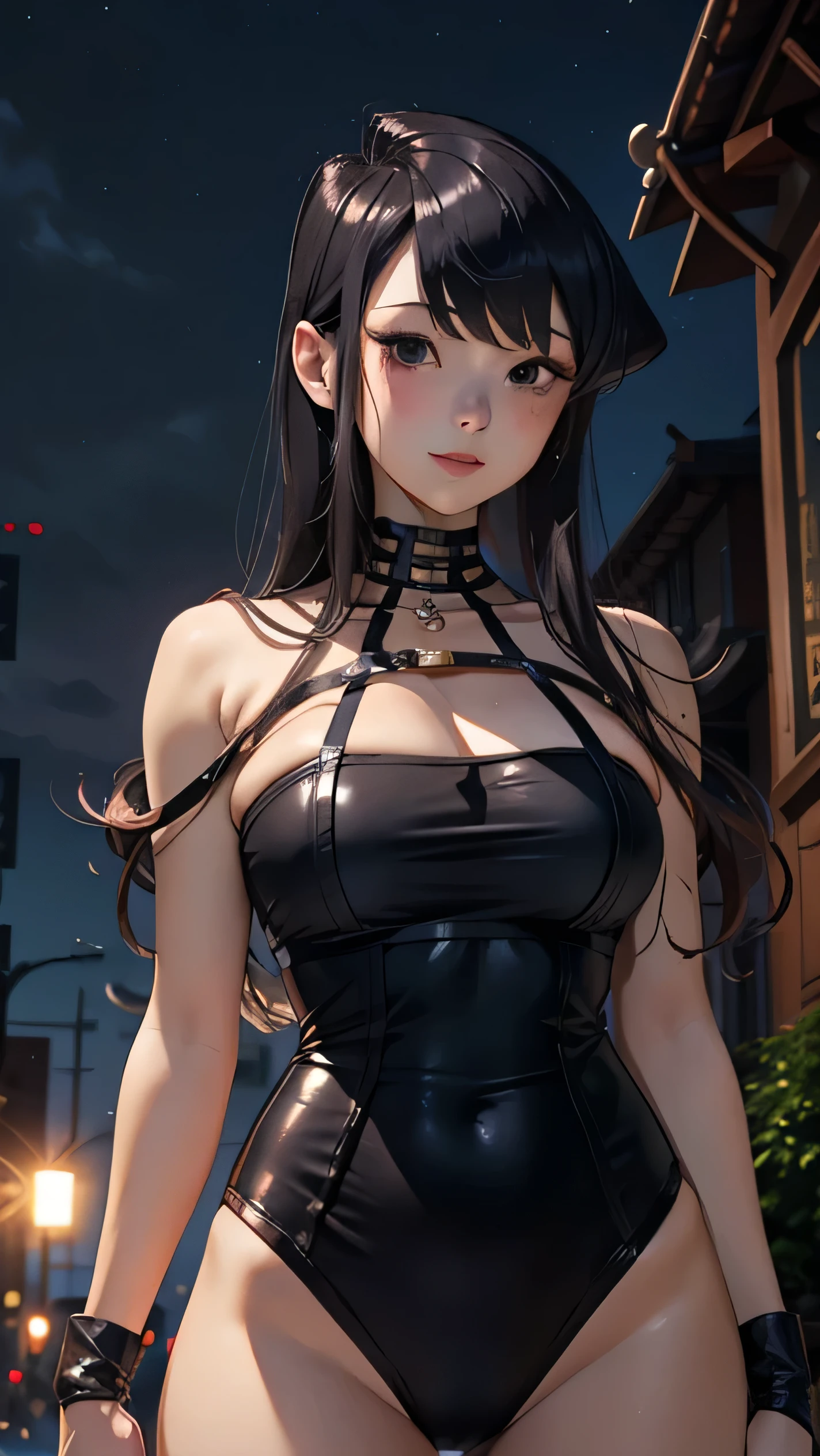 Komi Shouko, Long hair girl,【Cosplay】Yor Briar Ibra Hime, (narrow waist), blushing, official art, detail face, cg,looking at viewer, (standing),midnight,huge breast, smile, outdoors, night