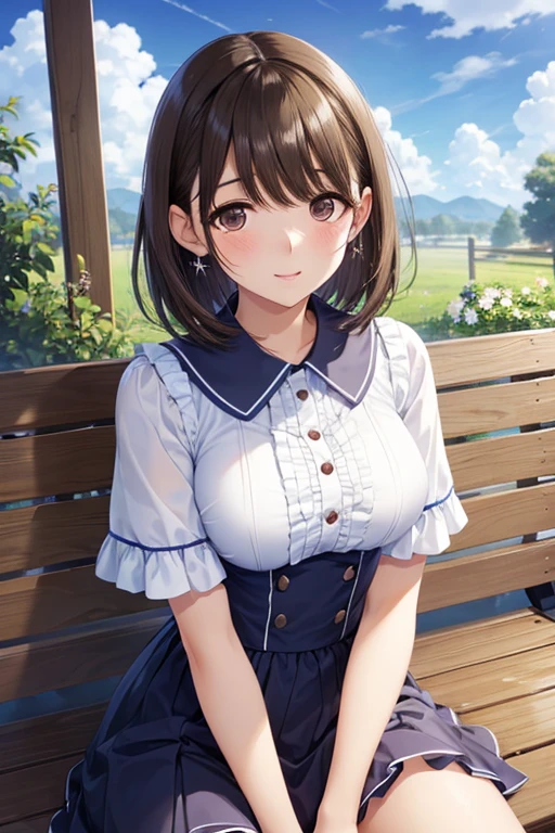 anegasaki nene、Shiny brown hair, short hair, (Beautiful brown eyes、Sparkling eyes, Fine grain)、smile、Ultra-detailed eyes、Highly detailed face, Highly detailed eyes,Cowboy Shot、



Highest quality, Masseter region、Ultra-high resolution、High quality details、
A woman was sitting on a bench , summer_dress, dressにプリントされたひまわり、Blurred Background、Cumulonimbus clouds in the distance