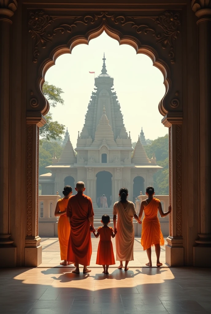 Family exits Hindu temple, folding hands in prayer. Footage fades and ends.