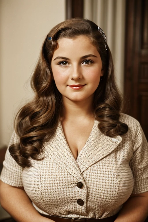 Medium view, of young aged, , mom, gilf, milf, face portrait, jewish features, chubby, long hair, brown hair, 1940s hair style, 1940s clothing, in berlin 1936,