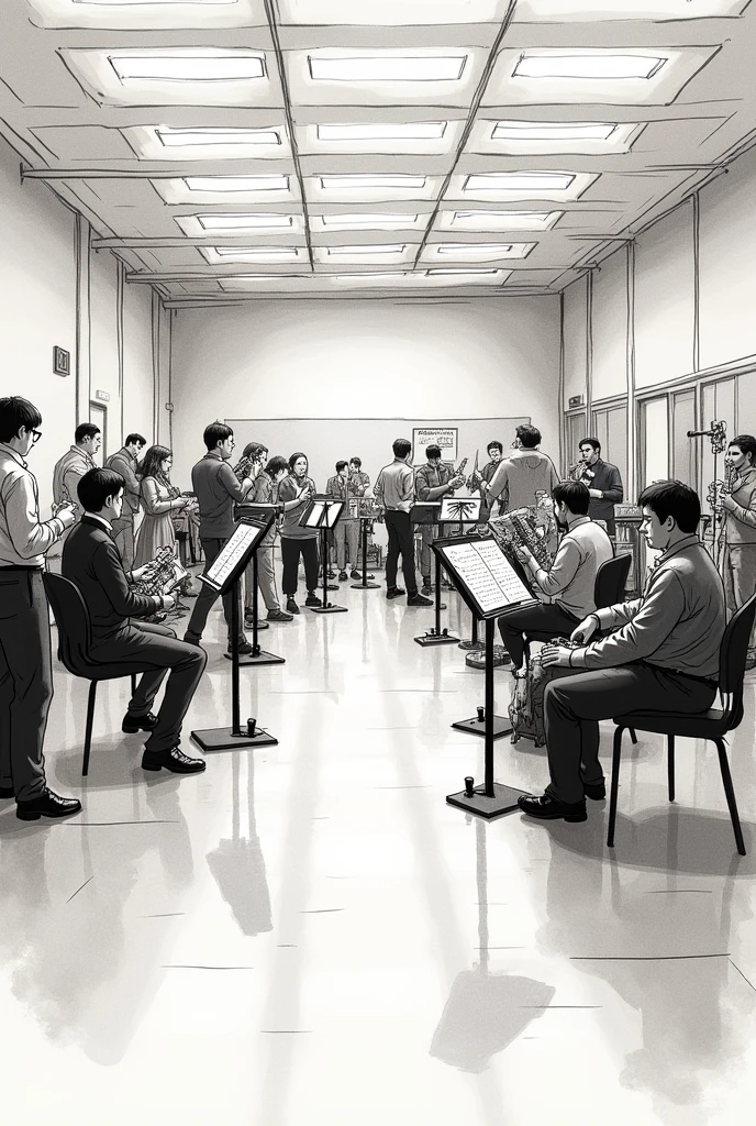 Sketch of a panoramic view of a rehearsal room