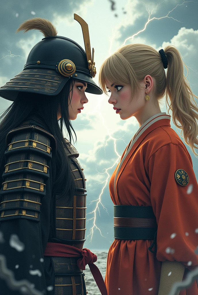 Make an image of Billie Eilish in anime with a more serious face in samurai clothes vs with Taylor Swift in Dragon Ball style