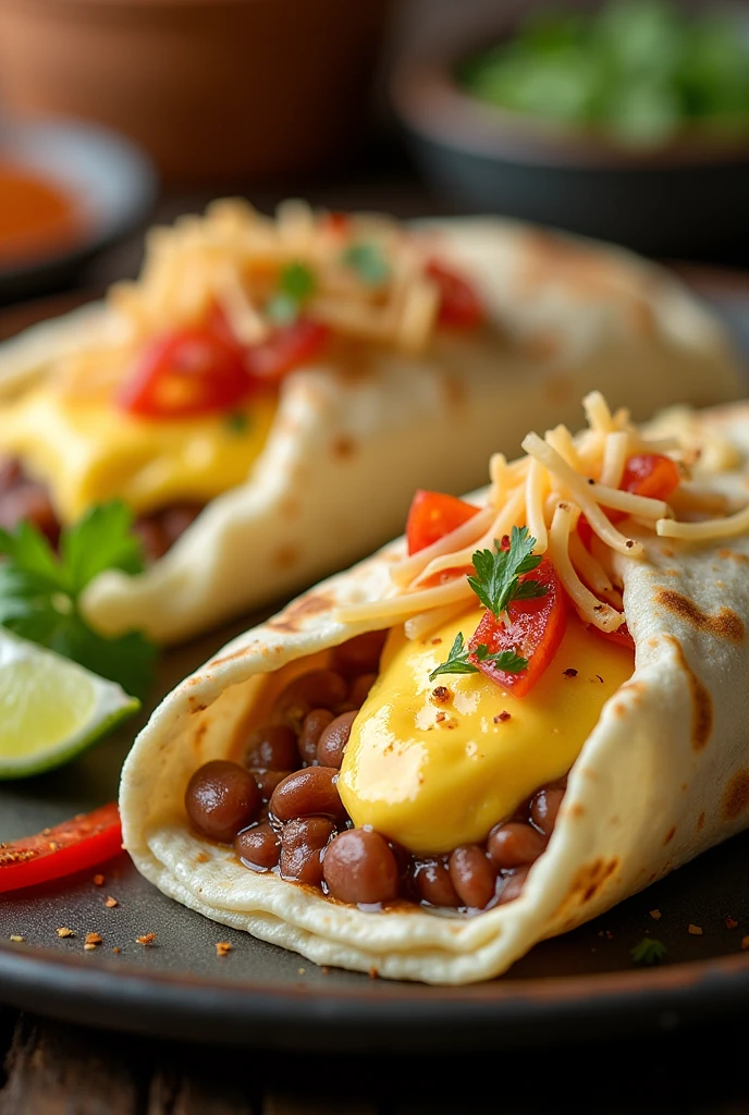 Honduran baleadas food with tortilla ingredients, blended beans ,mozzarella cheese ,Scrambled egg ,