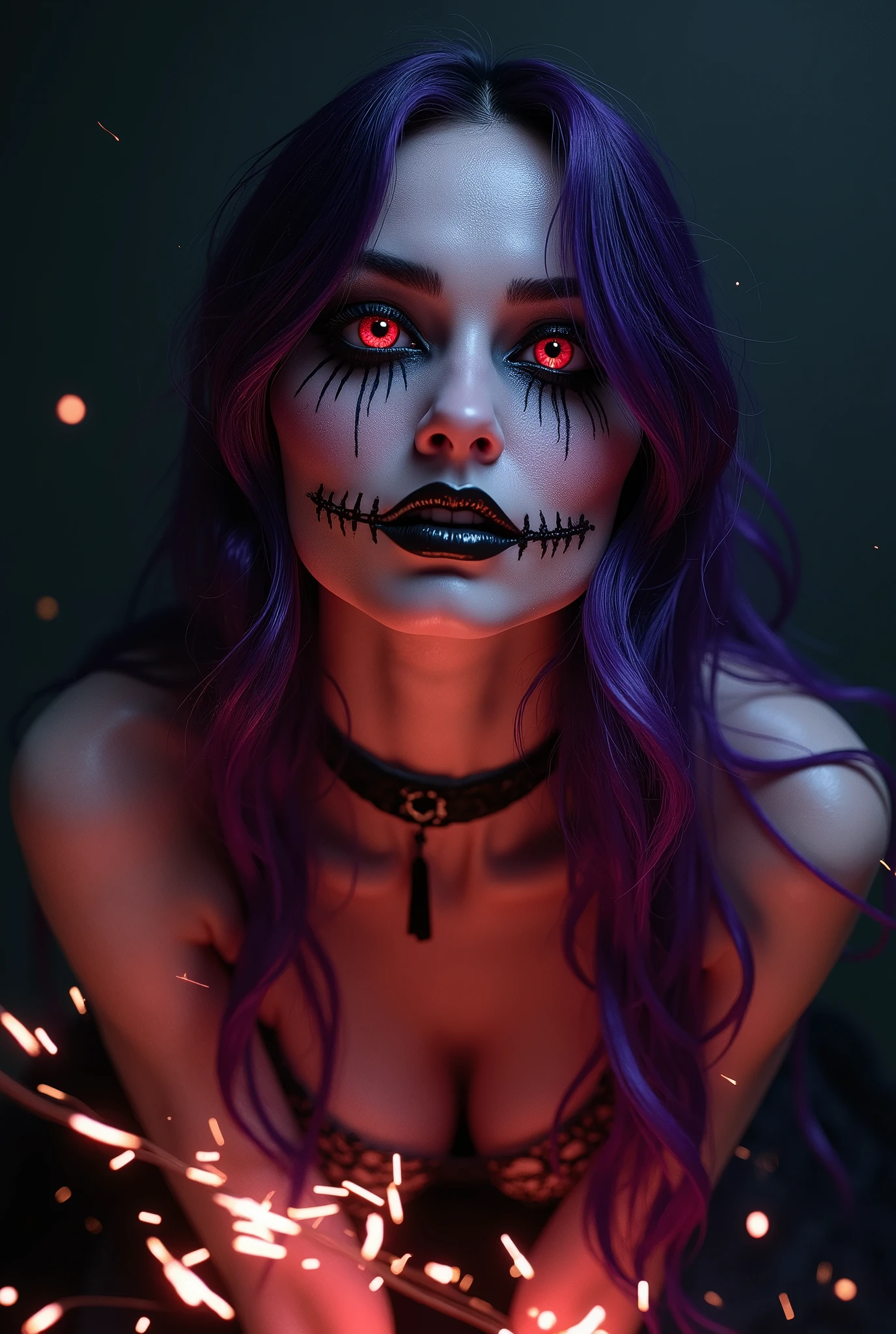 Woman long purple hair red pupils black white mexican la Caterina make-up that looks like her mouth is sewn shut glowing sparks in the foreground photorealistic leans very close to the camera and grins cheekily
