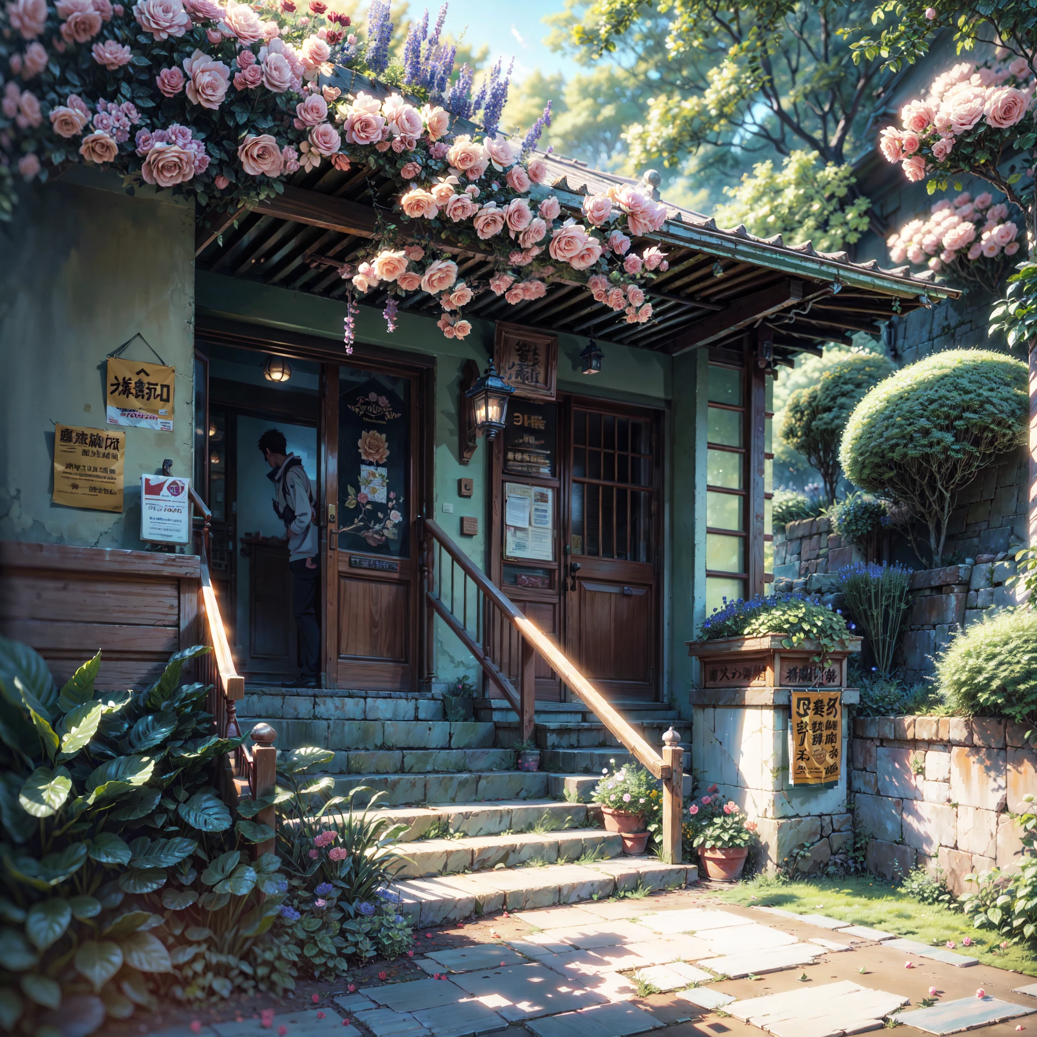 a painting of stairs leading up to the way, flowers, hanging flowers, japanese banners, japanese signs, roses, makoto shinkai. high detail, overgrowth. by makoto shinkai, by makoto shinkai, by Makoto Shinkai, anime. by makoto shinkai, style of makoto shinkai, 4k hd,, beautiful art uhd 4 k, a beautiful artwork illustration, beautiful digital painting, highly detailed digital painting, beautiful digital artwork, detailed painting 4 k, very detailed digital painting, rich picturesque colors, gorgeous digital painting