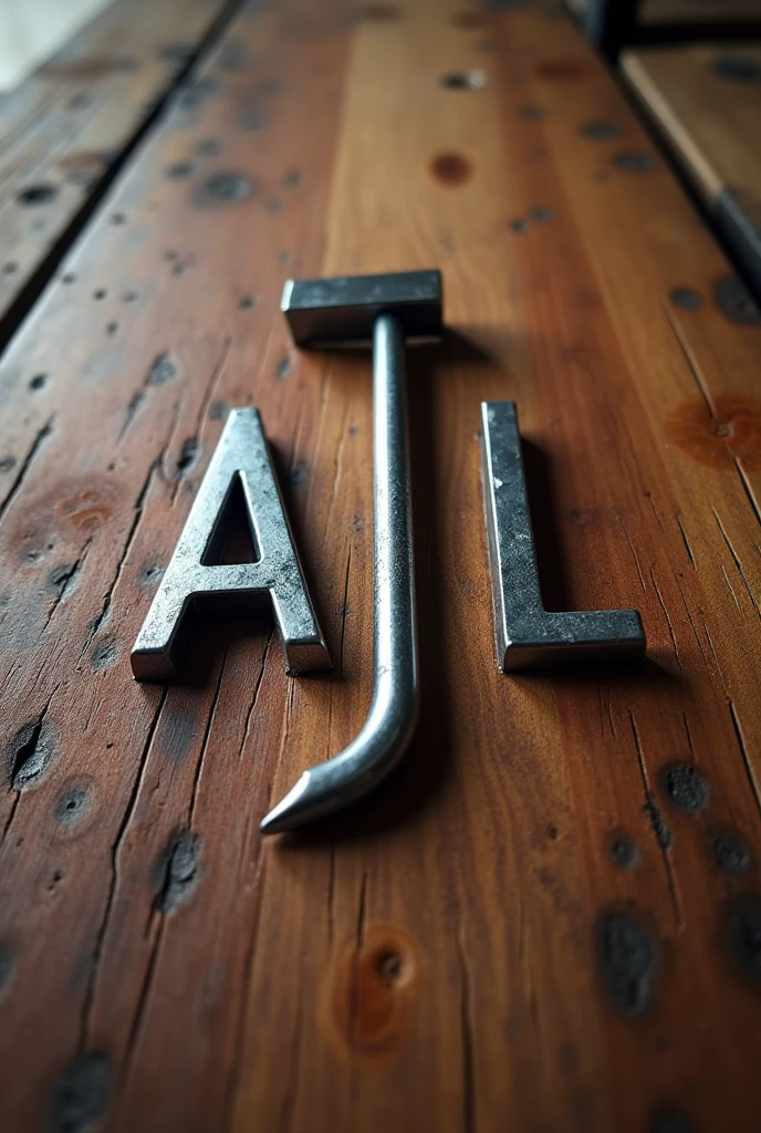 Wood and metal work business logo
The initials should be AJL on the side of awooden plank with the J looking like a bent nail through the wood front view