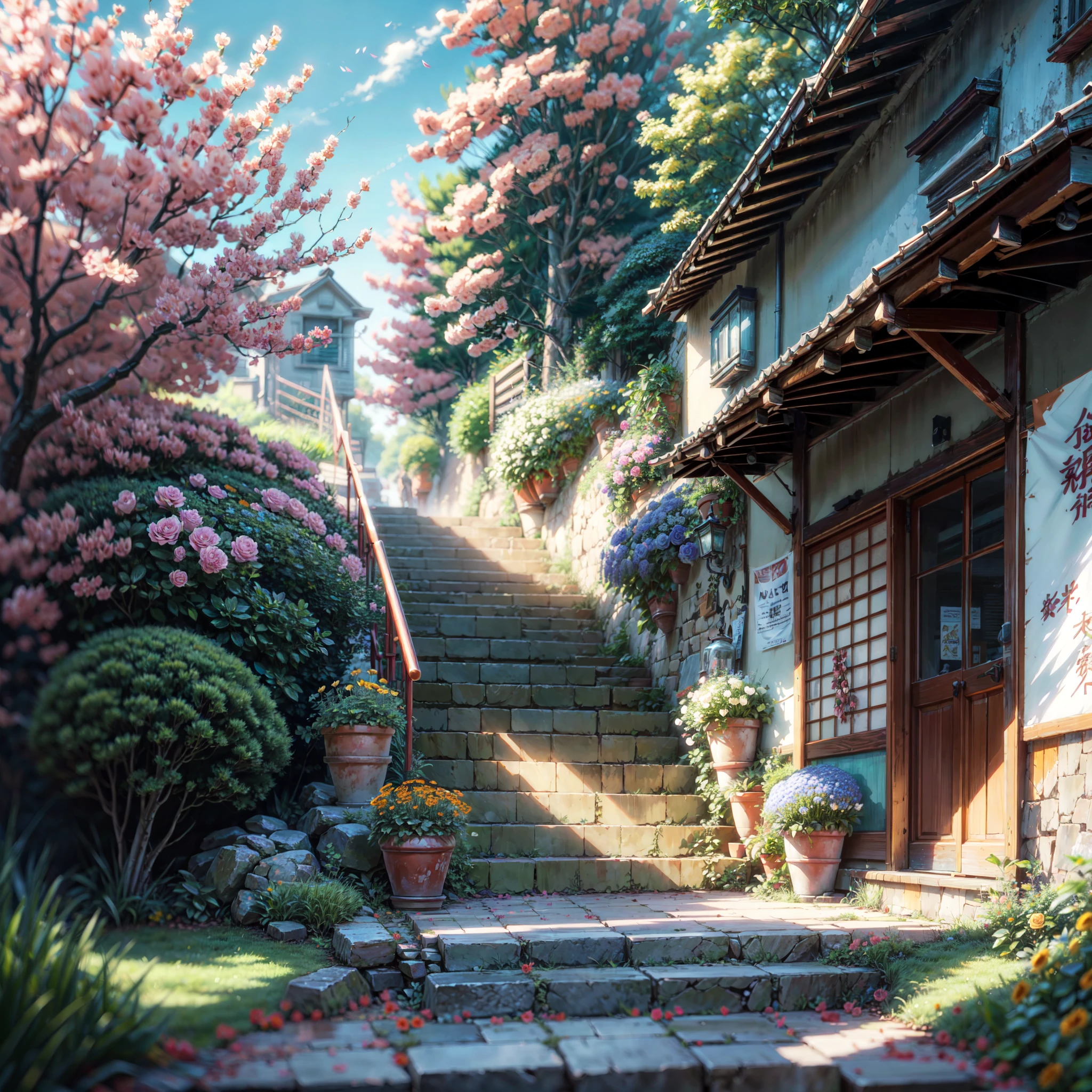 a painting of stairs leading up to the way, flowers, hanging flowers, japanese banners, japanese signs, roses, makoto shinkai. high detail, overgrowth. by makoto shinkai, by makoto shinkai, by Makoto Shinkai, anime. by makoto shinkai, style of makoto shinkai, 4k hd,, beautiful art uhd 4 k, a beautiful artwork illustration, beautiful digital painting, highly detailed digital painting, beautiful digital artwork, detailed painting 4 k, very detailed digital painting, rich picturesque colors, gorgeous digital painting